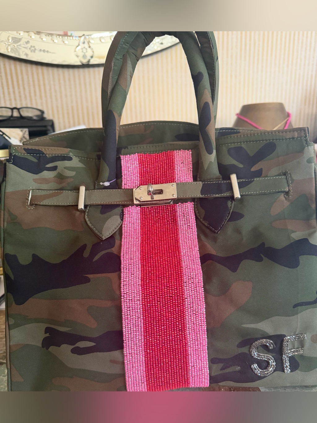 Custom Camouflage Tote With Pink/Red Bead Stripes Sf For So Fabulous! New!